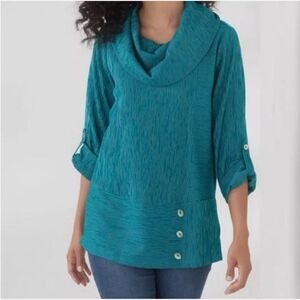 Soft Surroundings  Blue Teal Striped Roll Tab Cowl Neck Tunic Top